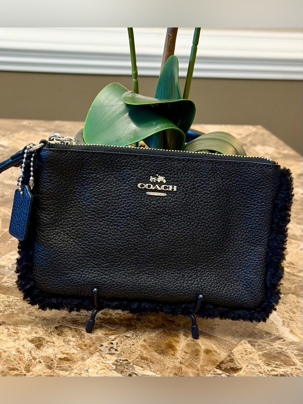 COACH Black Pebbled Leather Wristlet with Shearling Trim